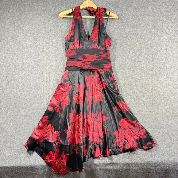 Donna Ricco Dresses & Skirts - Y2K Donna Ricco Silk Halter Dress Black Red Floral Rose Handkerchief Hem SZ 4